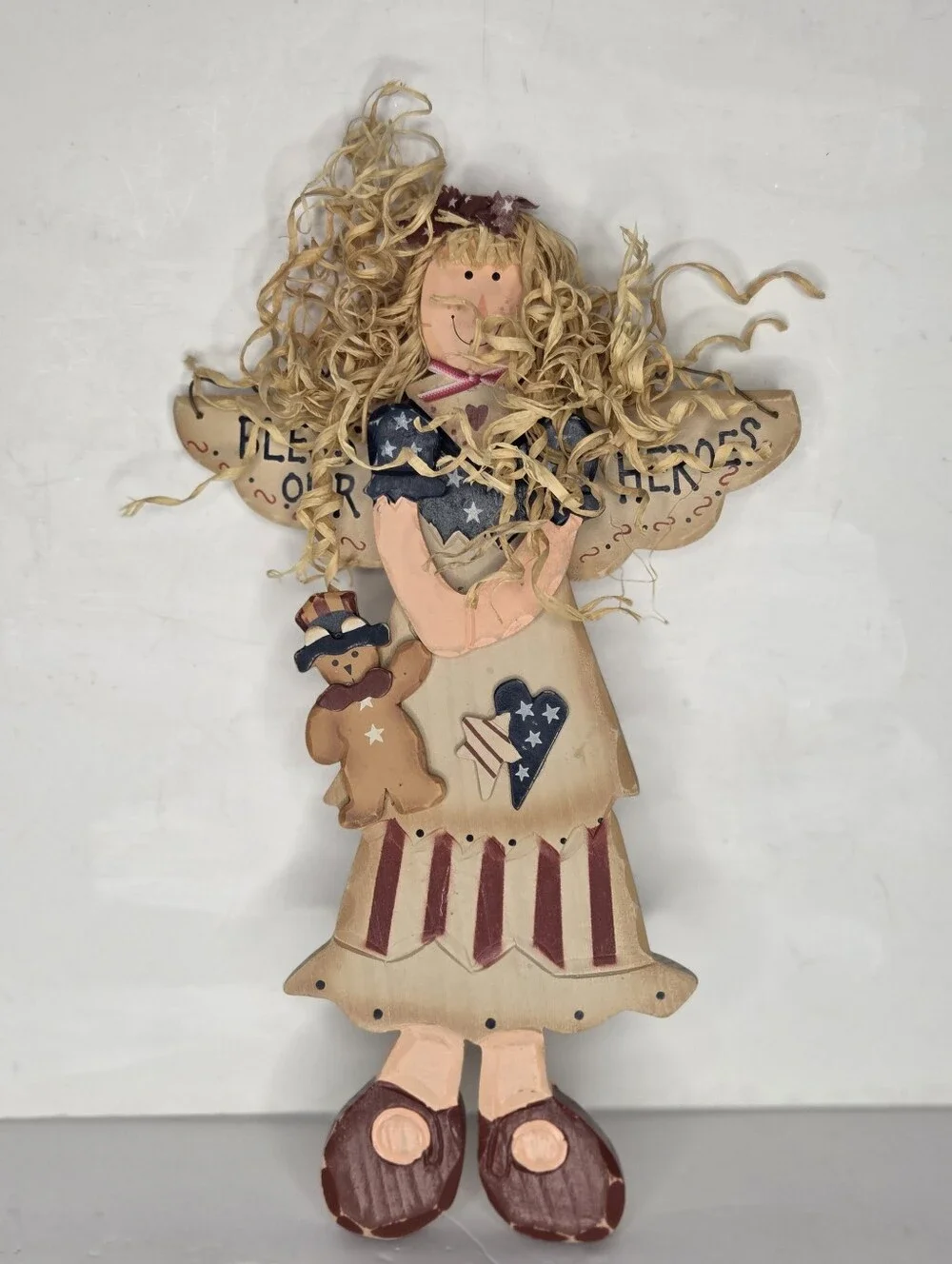 Patriotic Handcrafted Wooden Angel Doll Wall Hanging Bless Our Heroes Military